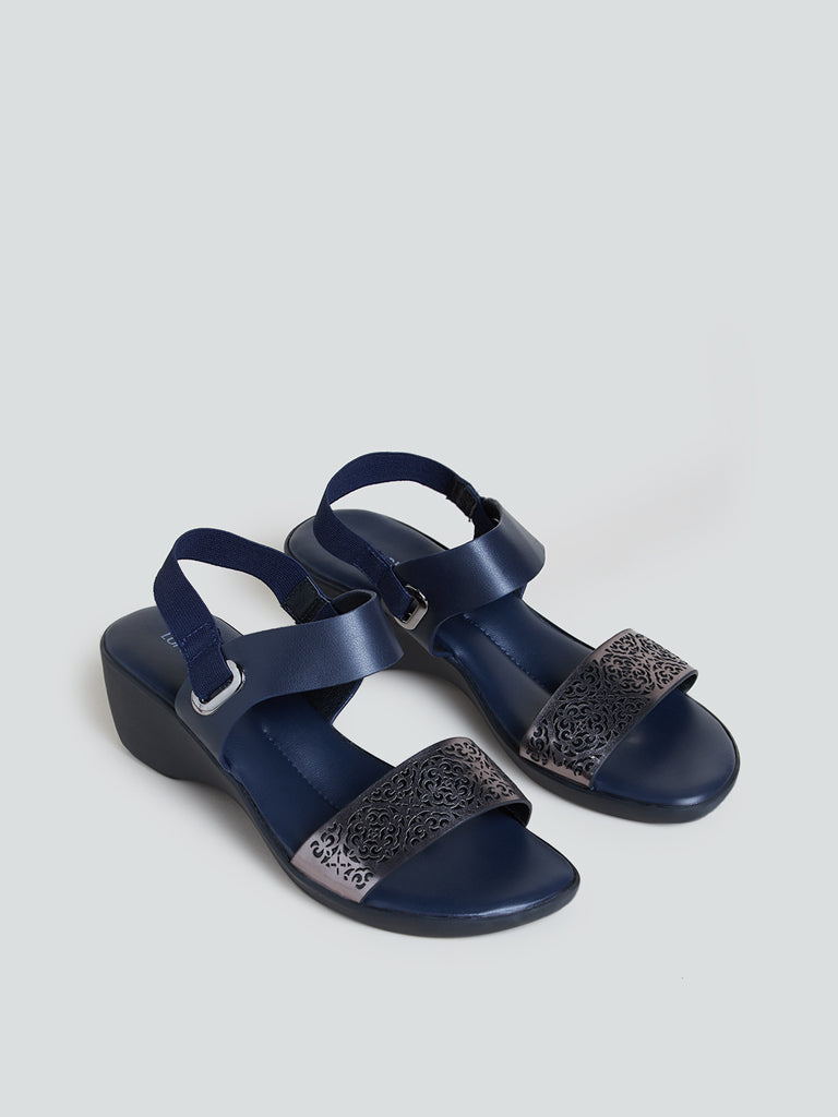 LUNA BLU Navy Laser-Cut Wedge Heel Sandals